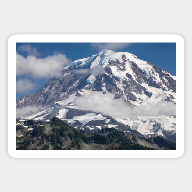 Clouds Over Snow Covered Mountain Mount Rainier National Park Sticker by TaivalkonAriel